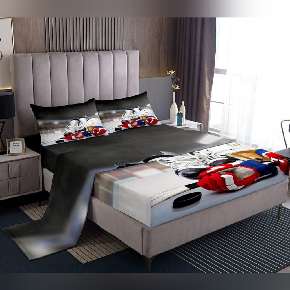 NEW Ice Hockey Bed Sheets Twin Size Kids Hockey Player Sheet Set 3 Piece